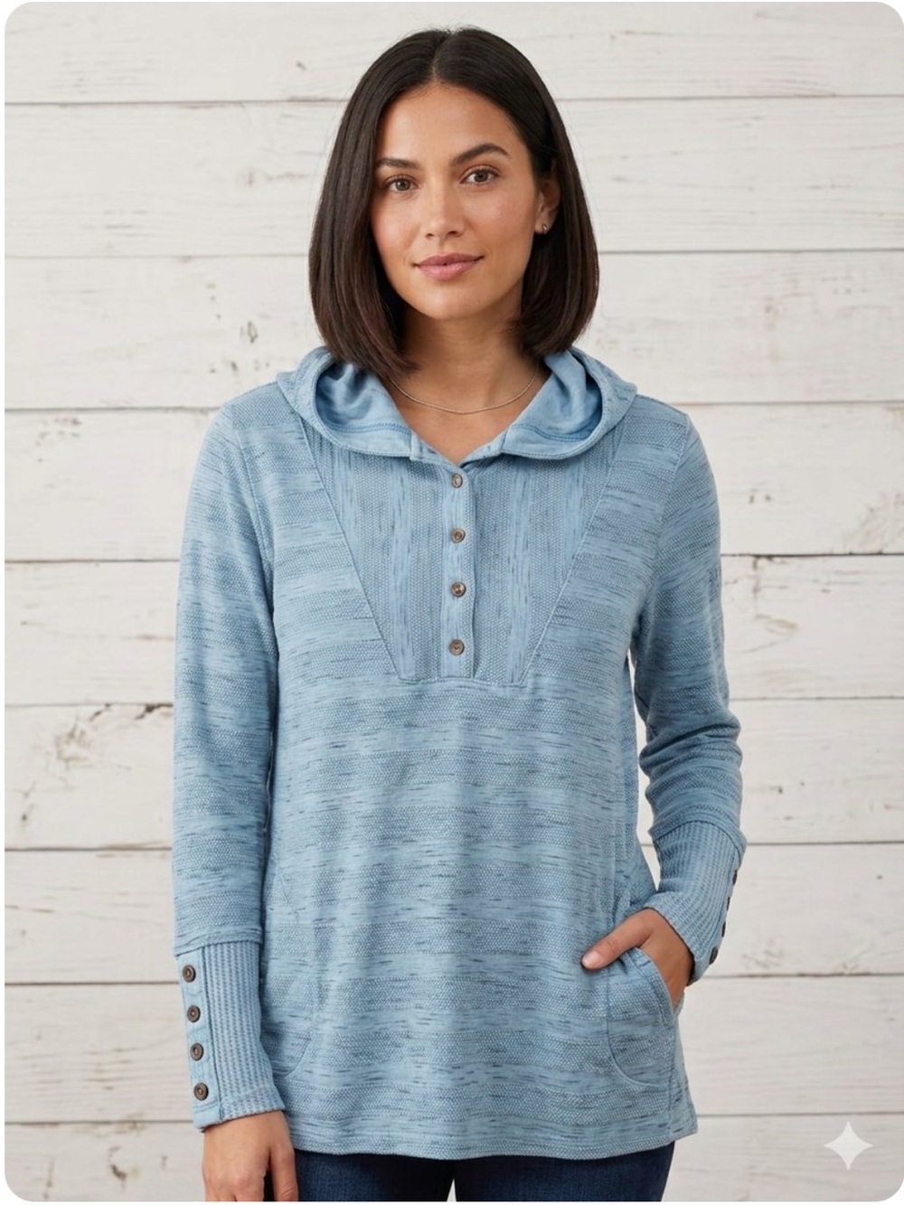 Soft Surroundings boho embroidered blue cotton hooded long sleeve pullover 1X